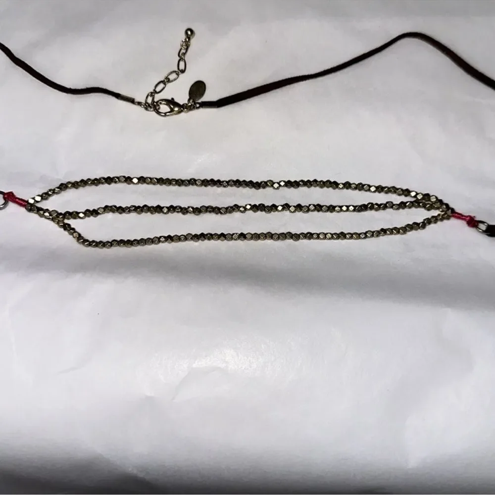 AE Brown Leather Gold Tone Triple Strand Fuchsia Western Boho Necklace